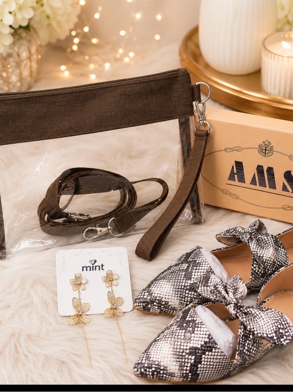 Clear Brown Trim Crossbody/Wristlet with Snake Print Bow Flats and Earrings